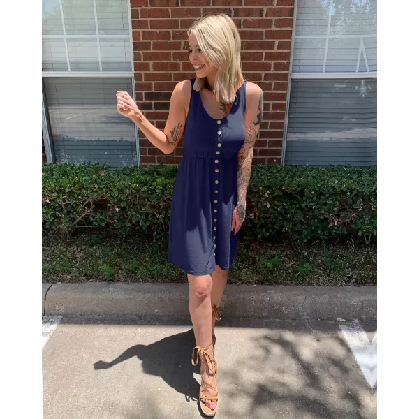 imageBTFBM Women Sleeveless Summer Dress 2023 Crewneck Ribbed Knit Ruffle Swing Button Down Beach Sun Mini Tank Short DressesButtons Navy