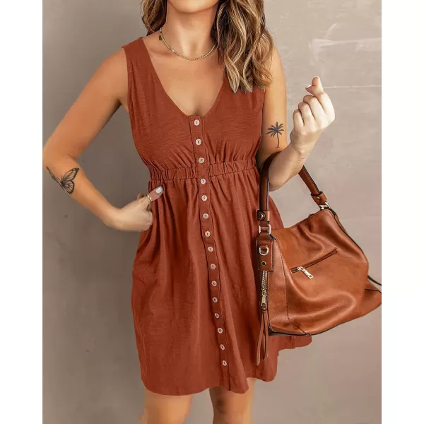 imageBTFBM Women Sleeveless Summer Dress 2023 Crewneck Ribbed Knit Ruffle Swing Button Down Beach Sun Mini Tank Short DressesButtons Orange Red