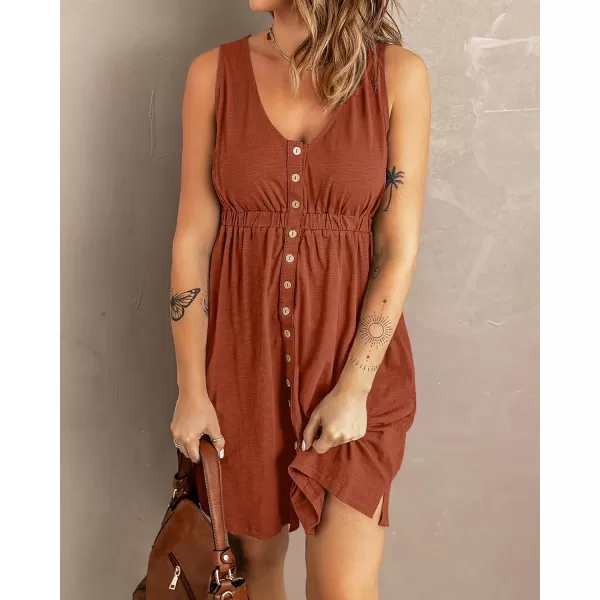 imageBTFBM Women Sleeveless Summer Dress 2023 Crewneck Ribbed Knit Ruffle Swing Button Down Beach Sun Mini Tank Short DressesButtons Orange Red