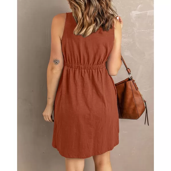 imageBTFBM Women Sleeveless Summer Dress 2023 Crewneck Ribbed Knit Ruffle Swing Button Down Beach Sun Mini Tank Short DressesButtons Orange Red