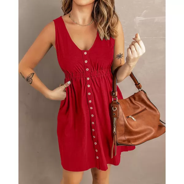 imageBTFBM Women Sleeveless Summer Dress 2023 Crewneck Ribbed Knit Ruffle Swing Button Down Beach Sun Mini Tank Short DressesButtons Red
