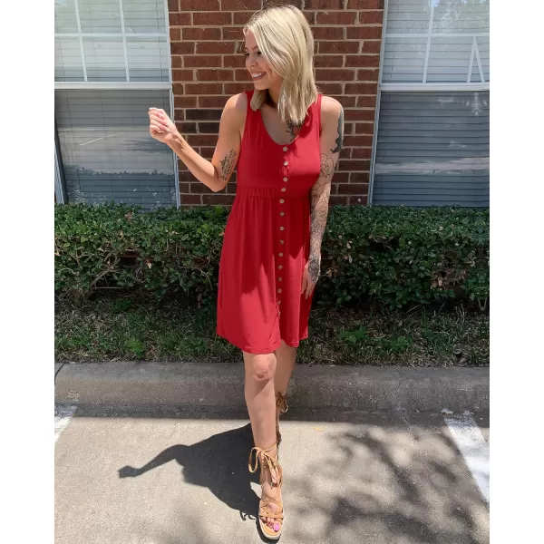 imageBTFBM Women Sleeveless Summer Dress 2023 Crewneck Ribbed Knit Ruffle Swing Button Down Beach Sun Mini Tank Short DressesButtons Red
