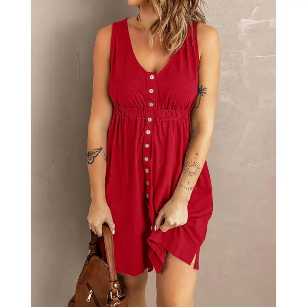 imageBTFBM Women Sleeveless Summer Dress 2023 Crewneck Ribbed Knit Ruffle Swing Button Down Beach Sun Mini Tank Short DressesButtons Red