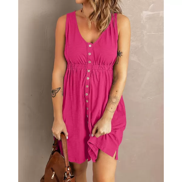 imageBTFBM Women Sleeveless Summer Dress 2023 Crewneck Ribbed Knit Ruffle Swing Button Down Beach Sun Mini Tank Short DressesButtons Rose Red
