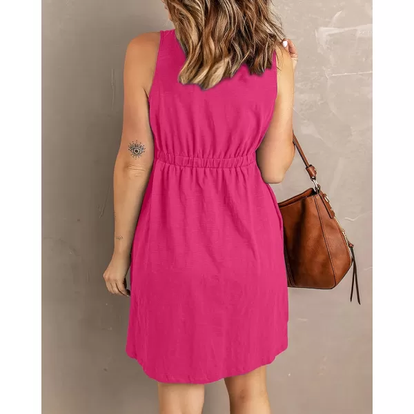 imageBTFBM Women Sleeveless Summer Dress 2023 Crewneck Ribbed Knit Ruffle Swing Button Down Beach Sun Mini Tank Short DressesButtons Rose Red