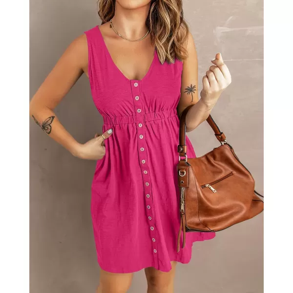 imageBTFBM Women Sleeveless Summer Dress 2023 Crewneck Ribbed Knit Ruffle Swing Button Down Beach Sun Mini Tank Short DressesButtons Rose Red