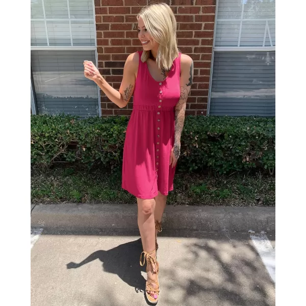 imageBTFBM Women Sleeveless Summer Dress 2023 Crewneck Ribbed Knit Ruffle Swing Button Down Beach Sun Mini Tank Short DressesButtons Rose Red