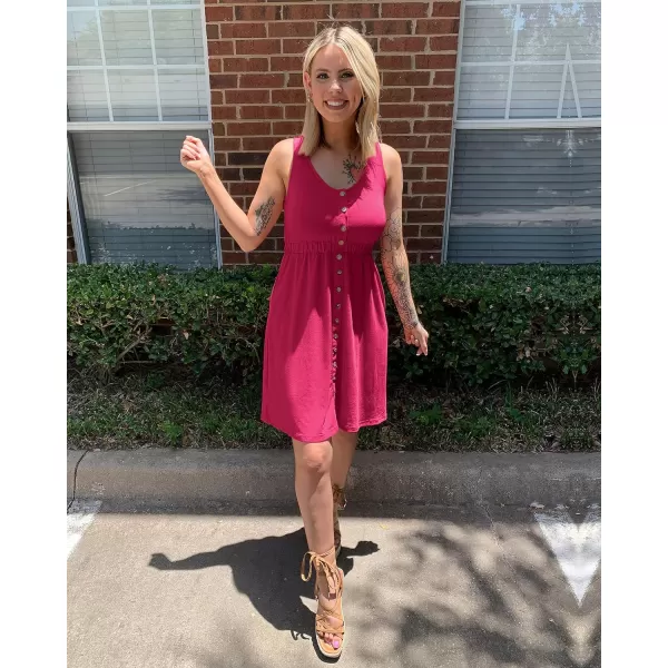 imageBTFBM Women Sleeveless Summer Dress 2023 Crewneck Ribbed Knit Ruffle Swing Button Down Beach Sun Mini Tank Short DressesButtons Rose Red