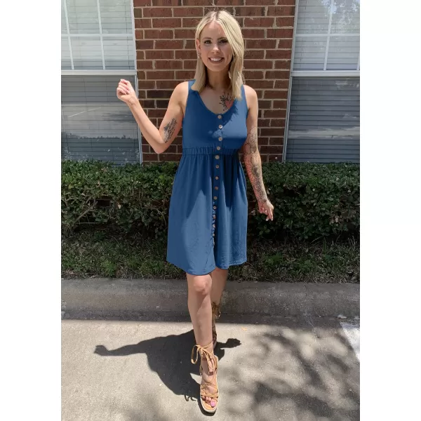 imageBTFBM Women Sleeveless Summer Dress 2023 Crewneck Ribbed Knit Ruffle Swing Button Down Beach Sun Mini Tank Short DressesButtons Royal Blue