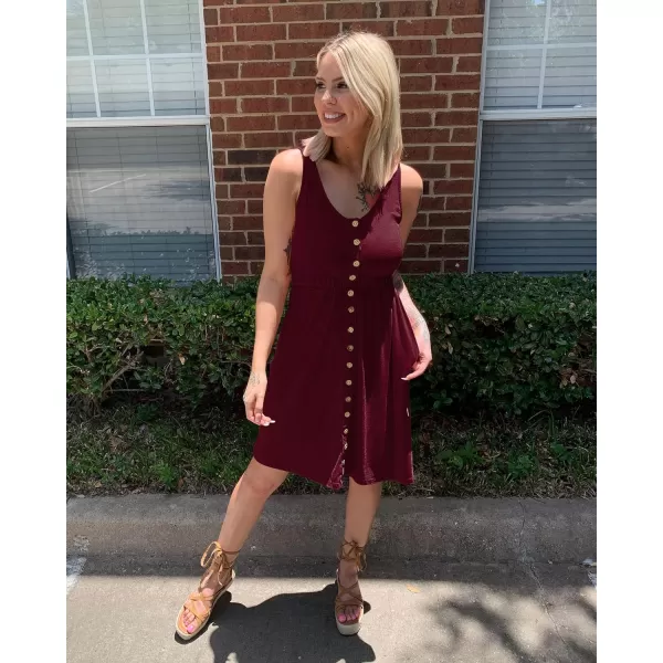 imageBTFBM Women Sleeveless Summer Dress 2023 Crewneck Ribbed Knit Ruffle Swing Button Down Beach Sun Mini Tank Short DressesButtons Wine Red