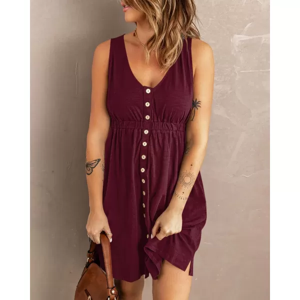 imageBTFBM Women Sleeveless Summer Dress 2023 Crewneck Ribbed Knit Ruffle Swing Button Down Beach Sun Mini Tank Short DressesButtons Wine Red