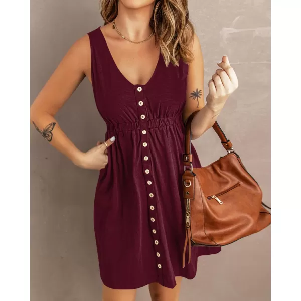 imageBTFBM Women Sleeveless Summer Dress 2023 Crewneck Ribbed Knit Ruffle Swing Button Down Beach Sun Mini Tank Short DressesButtons Wine Red