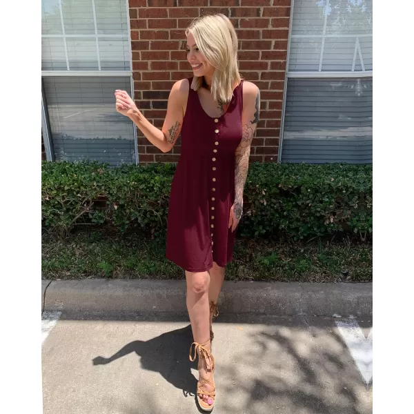 imageBTFBM Women Sleeveless Summer Dress 2023 Crewneck Ribbed Knit Ruffle Swing Button Down Beach Sun Mini Tank Short DressesButtons Wine Red