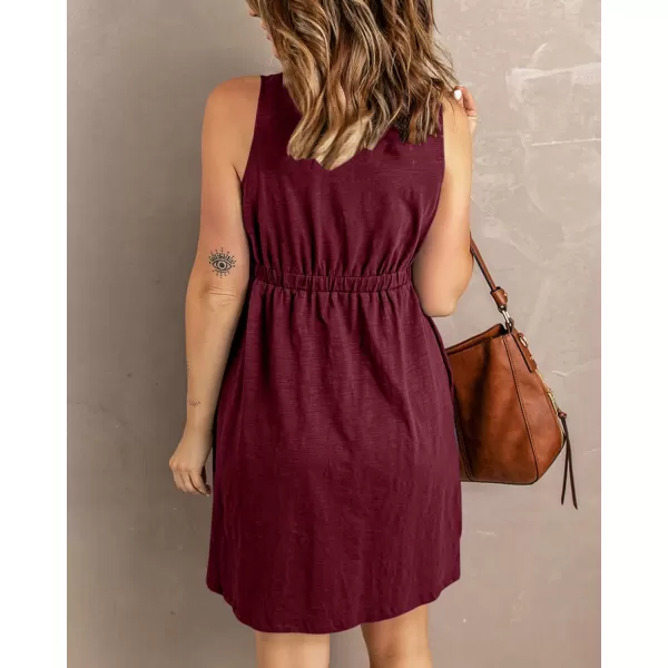imageBTFBM Women Sleeveless Summer Dress 2023 Crewneck Ribbed Knit Ruffle Swing Button Down Beach Sun Mini Tank Short DressesButtons Wine Red