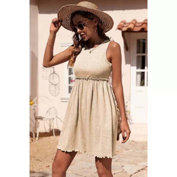 imageBTFBM Women Sleeveless Summer Dress 2023 Crewneck Ribbed Knit Ruffle Swing Button Down Beach Sun Mini Tank Short DressesSolid Apricot