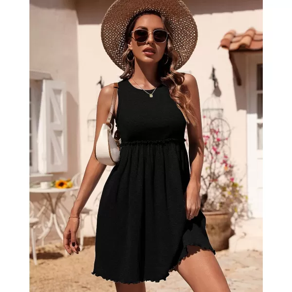 imageBTFBM Women Sleeveless Summer Dress 2023 Crewneck Ribbed Knit Ruffle Swing Button Down Beach Sun Mini Tank Short DressesSolid Black