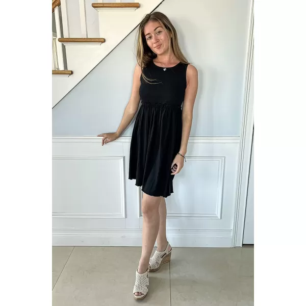 imageBTFBM Women Sleeveless Summer Dress 2023 Crewneck Ribbed Knit Ruffle Swing Button Down Beach Sun Mini Tank Short DressesSolid Black