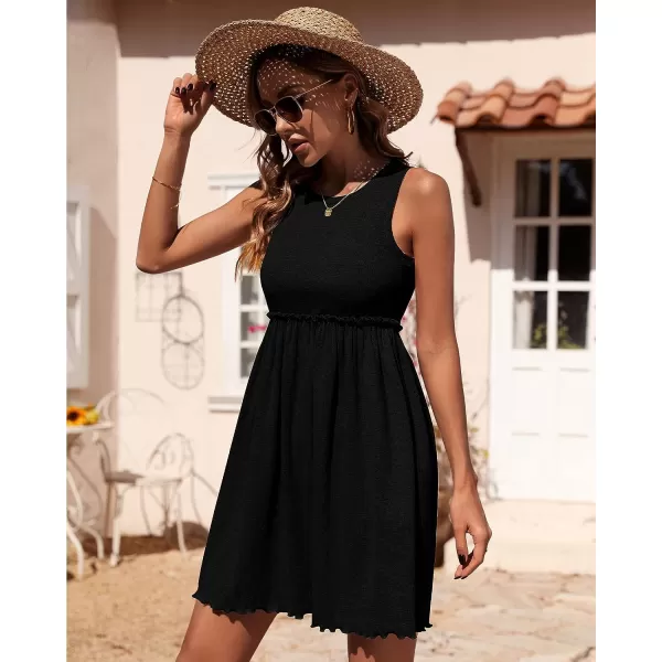 imageBTFBM Women Sleeveless Summer Dress 2023 Crewneck Ribbed Knit Ruffle Swing Button Down Beach Sun Mini Tank Short DressesSolid Black
