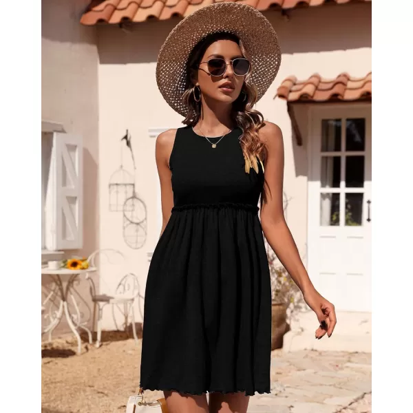 imageBTFBM Women Sleeveless Summer Dress 2023 Crewneck Ribbed Knit Ruffle Swing Button Down Beach Sun Mini Tank Short DressesSolid Black