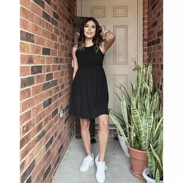 imageBTFBM Women Sleeveless Summer Dress 2023 Crewneck Ribbed Knit Ruffle Swing Button Down Beach Sun Mini Tank Short DressesSolid Black