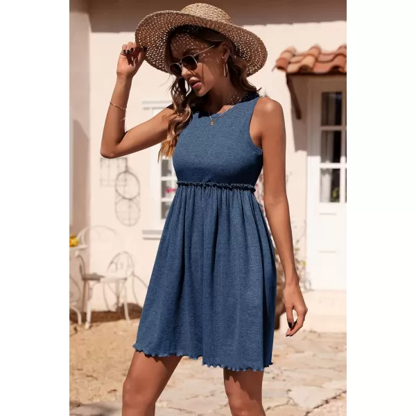 imageBTFBM Women Sleeveless Summer Dress 2023 Crewneck Ribbed Knit Ruffle Swing Button Down Beach Sun Mini Tank Short DressesSolid Blue