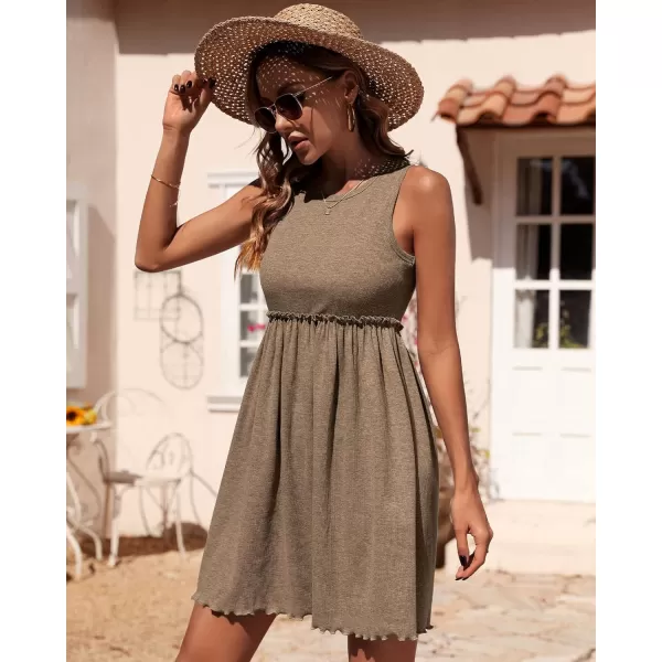 imageBTFBM Women Sleeveless Summer Dress 2023 Crewneck Ribbed Knit Ruffle Swing Button Down Beach Sun Mini Tank Short DressesSolid Coffee