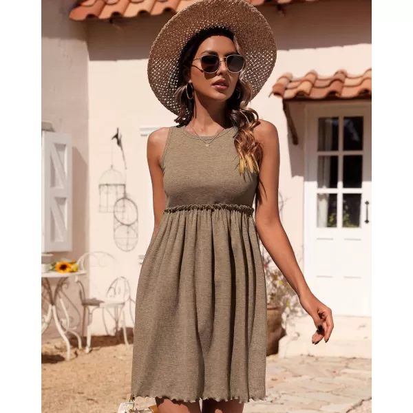 imageBTFBM Women Sleeveless Summer Dress 2023 Crewneck Ribbed Knit Ruffle Swing Button Down Beach Sun Mini Tank Short DressesSolid Coffee