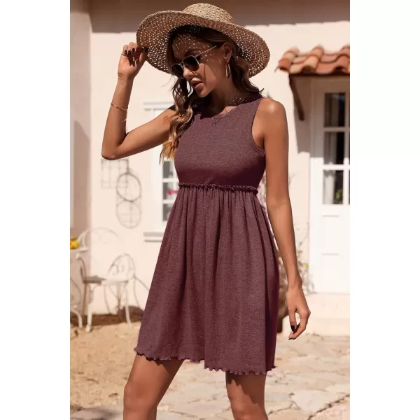 imageBTFBM Women Sleeveless Summer Dress 2023 Crewneck Ribbed Knit Ruffle Swing Button Down Beach Sun Mini Tank Short DressesSolid Dark Brown
