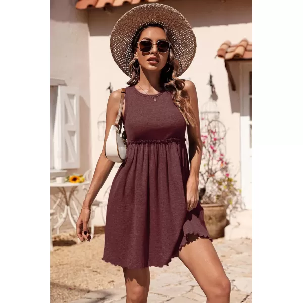 imageBTFBM Women Sleeveless Summer Dress 2023 Crewneck Ribbed Knit Ruffle Swing Button Down Beach Sun Mini Tank Short DressesSolid Dark Brown