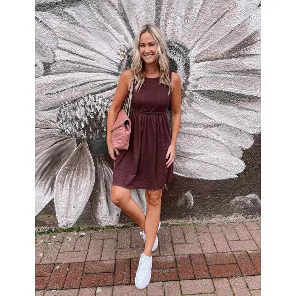 imageBTFBM Women Sleeveless Summer Dress 2023 Crewneck Ribbed Knit Ruffle Swing Button Down Beach Sun Mini Tank Short DressesSolid Dark Brown