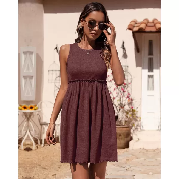 imageBTFBM Women Sleeveless Summer Dress 2023 Crewneck Ribbed Knit Ruffle Swing Button Down Beach Sun Mini Tank Short DressesSolid Dark Brown