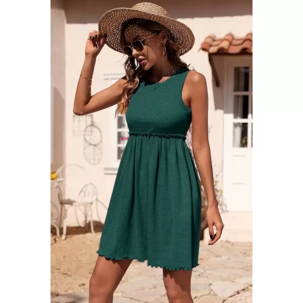 imageBTFBM Women Sleeveless Summer Dress 2023 Crewneck Ribbed Knit Ruffle Swing Button Down Beach Sun Mini Tank Short DressesSolid Dark Green