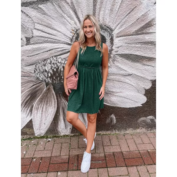 imageBTFBM Women Sleeveless Summer Dress 2023 Crewneck Ribbed Knit Ruffle Swing Button Down Beach Sun Mini Tank Short DressesSolid Dark Green