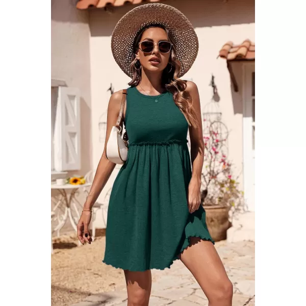 imageBTFBM Women Sleeveless Summer Dress 2023 Crewneck Ribbed Knit Ruffle Swing Button Down Beach Sun Mini Tank Short DressesSolid Dark Green
