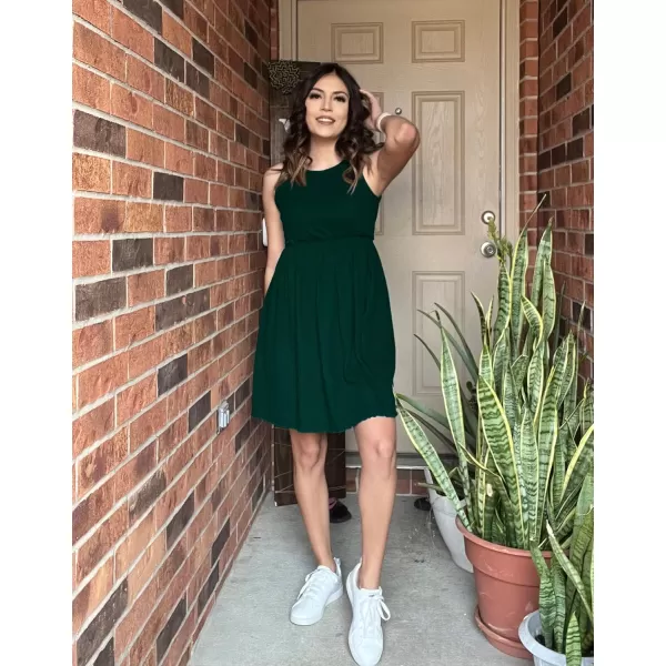 imageBTFBM Women Sleeveless Summer Dress 2023 Crewneck Ribbed Knit Ruffle Swing Button Down Beach Sun Mini Tank Short DressesSolid Dark Green