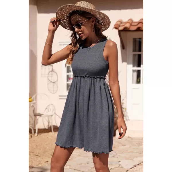imageBTFBM Women Sleeveless Summer Dress 2023 Crewneck Ribbed Knit Ruffle Swing Button Down Beach Sun Mini Tank Short DressesSolid Dark Grey