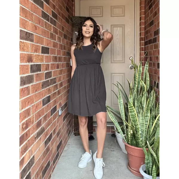 imageBTFBM Women Sleeveless Summer Dress 2023 Crewneck Ribbed Knit Ruffle Swing Button Down Beach Sun Mini Tank Short DressesSolid Dark Grey