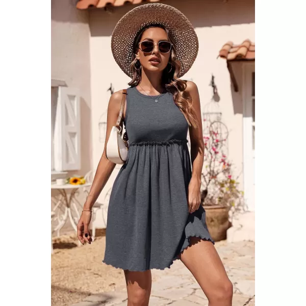 imageBTFBM Women Sleeveless Summer Dress 2023 Crewneck Ribbed Knit Ruffle Swing Button Down Beach Sun Mini Tank Short DressesSolid Dark Grey