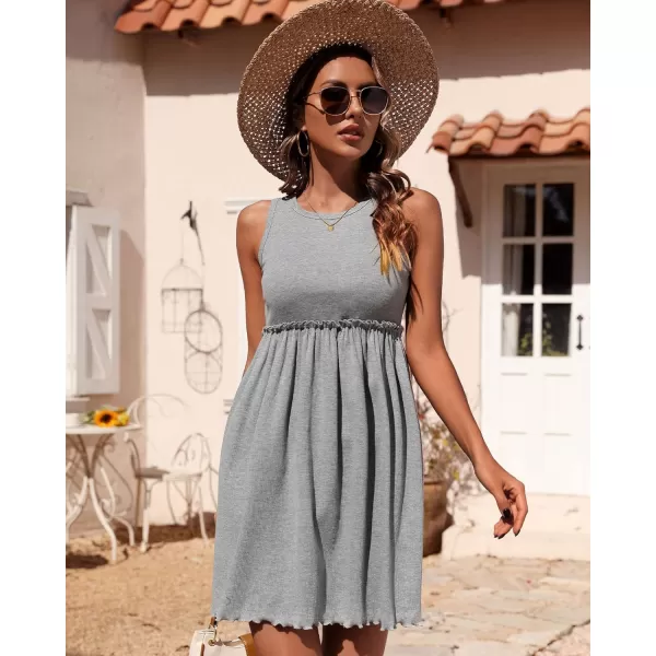 imageBTFBM Women Sleeveless Summer Dress 2023 Crewneck Ribbed Knit Ruffle Swing Button Down Beach Sun Mini Tank Short DressesSolid Light Grey