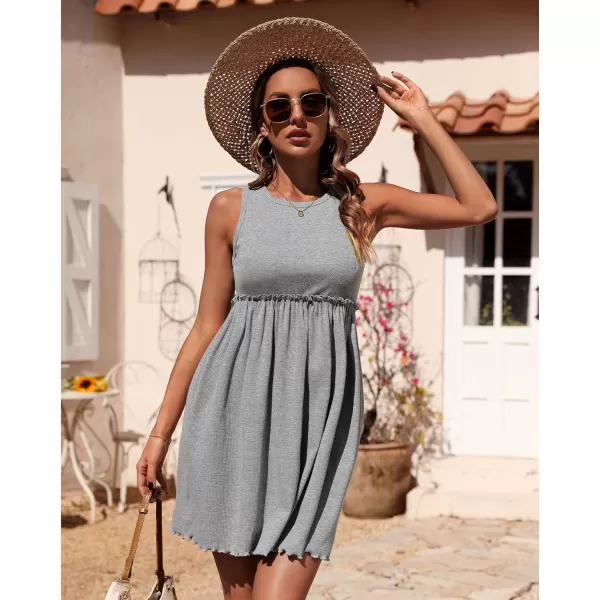 imageBTFBM Women Sleeveless Summer Dress 2023 Crewneck Ribbed Knit Ruffle Swing Button Down Beach Sun Mini Tank Short DressesSolid Light Grey