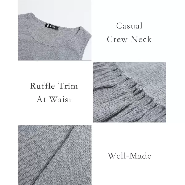 imageBTFBM Women Sleeveless Summer Dress 2023 Crewneck Ribbed Knit Ruffle Swing Button Down Beach Sun Mini Tank Short DressesSolid Light Grey