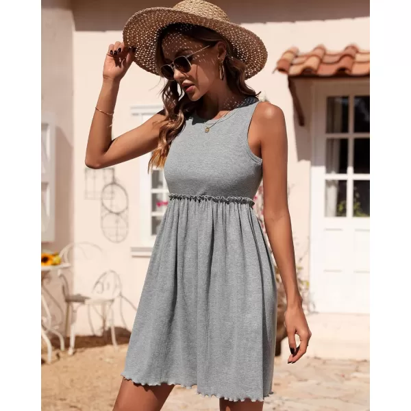 imageBTFBM Women Sleeveless Summer Dress 2023 Crewneck Ribbed Knit Ruffle Swing Button Down Beach Sun Mini Tank Short DressesSolid Light Grey