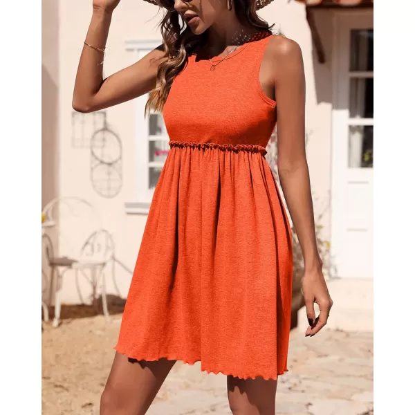 imageBTFBM Women Sleeveless Summer Dress 2023 Crewneck Ribbed Knit Ruffle Swing Button Down Beach Sun Mini Tank Short DressesSolid Orange
