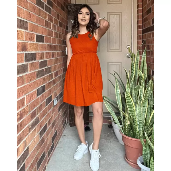 imageBTFBM Women Sleeveless Summer Dress 2023 Crewneck Ribbed Knit Ruffle Swing Button Down Beach Sun Mini Tank Short DressesSolid Orange