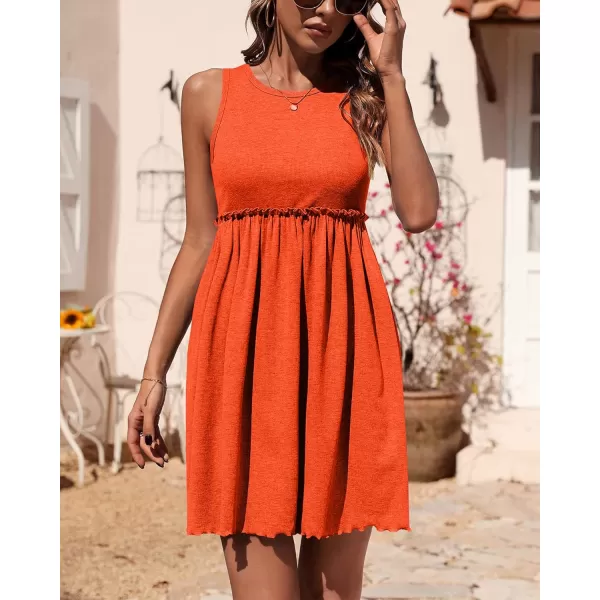 imageBTFBM Women Sleeveless Summer Dress 2023 Crewneck Ribbed Knit Ruffle Swing Button Down Beach Sun Mini Tank Short DressesSolid Orange
