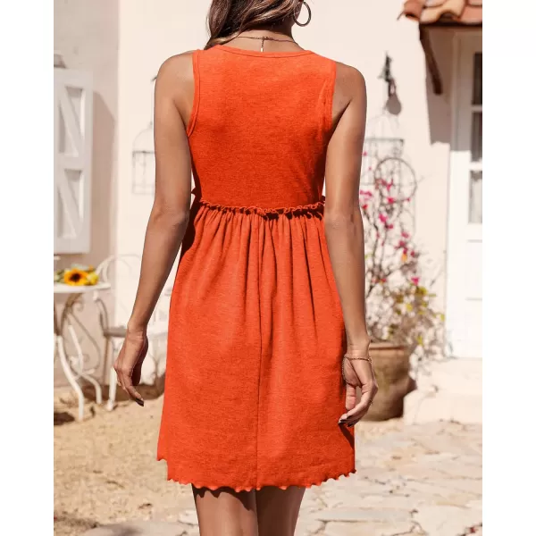 imageBTFBM Women Sleeveless Summer Dress 2023 Crewneck Ribbed Knit Ruffle Swing Button Down Beach Sun Mini Tank Short DressesSolid Orange