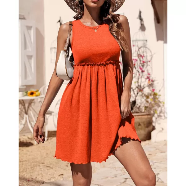 imageBTFBM Women Sleeveless Summer Dress 2023 Crewneck Ribbed Knit Ruffle Swing Button Down Beach Sun Mini Tank Short DressesSolid Orange