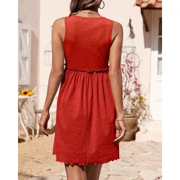 imageBTFBM Women Sleeveless Summer Dress 2023 Crewneck Ribbed Knit Ruffle Swing Button Down Beach Sun Mini Tank Short DressesSolid Orange Red