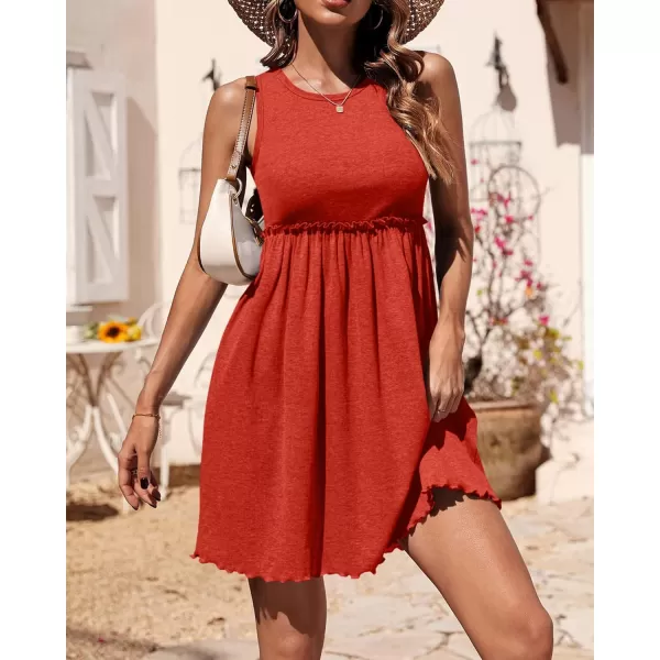 imageBTFBM Women Sleeveless Summer Dress 2023 Crewneck Ribbed Knit Ruffle Swing Button Down Beach Sun Mini Tank Short DressesSolid Orange Red