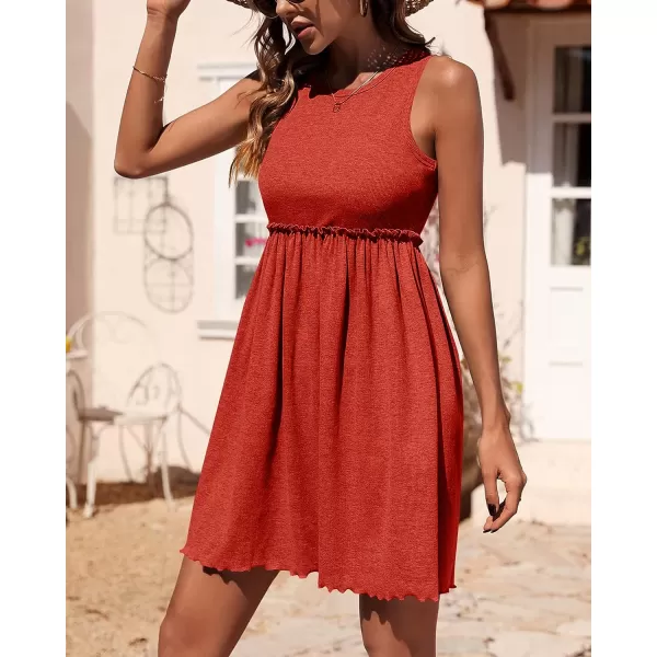 imageBTFBM Women Sleeveless Summer Dress 2023 Crewneck Ribbed Knit Ruffle Swing Button Down Beach Sun Mini Tank Short DressesSolid Orange Red